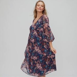 Motherhood Maternity Long Sleeve Bohemian Boho Maxi Dress Dark Floral Fall Large